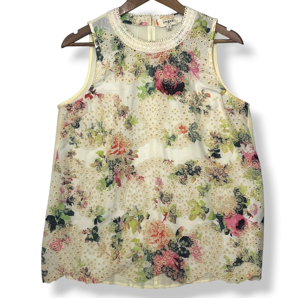 Umgee Sleeveless Top M Ivory Floral Eyelet Lace Boho Cottagecore Grandmacore